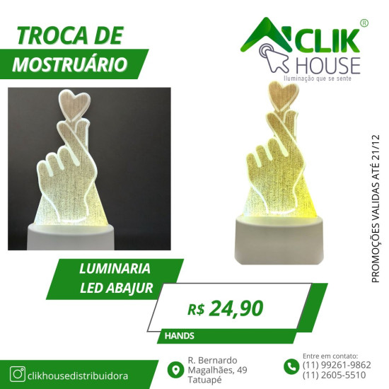 Luminaria De Mesa Abajur Led Mão com Coração 3 Cores Luminaria De Mesa Abajur Led Mão com Coração 3 Cores