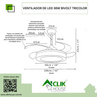 Ventilador De Teto Led Com Controle Remoto 3 Cores 36W Preto Ventilador De Teto Led Com Controle Remoto 3 Cores 36W Preto