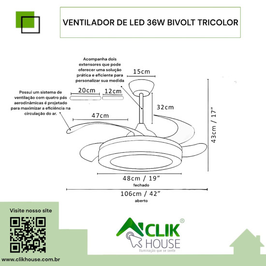 Ventilador De Teto Led Com Controle Remoto 3 Cores 36W Preto Ventilador De Teto Led Com Controle Remoto 3 Cores 36W Preto