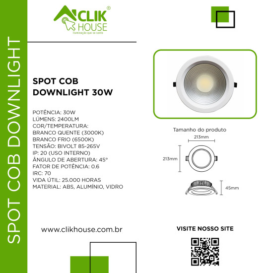 SPOT COB DOWNLIGHT 30W REDONDO BRANCO FRIO 6500K SPOT COB DOWNLIGHT 30W REDONDO BRANCO FRIO 6500K