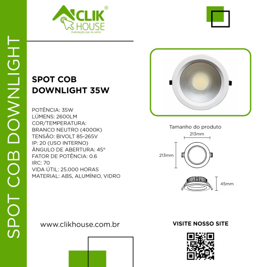 SPOT COB DOWNLIGHT 35W REDONDO BRANCO NEUTRO 4000K SPOT COB DOWNLIGHT 35W REDONDO BRANCO NEUTRO 4000K