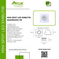 MINI SPOT LED EMBUTIR QUADRADO 1W BRANCO QUENTE 3000K MINI SPOT LED EMBUTIR QUADRADO 1W BRANCO QUENTE 3000K