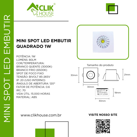 MINI SPOT LED EMBUTIR QUADRADO 1W BRANCO QUENTE 3000K MINI SPOT LED EMBUTIR QUADRADO 1W BRANCO QUENTE 3000K