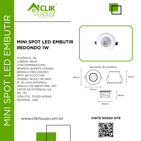 MINI SPOT LED EMBUTIR REDONDO 1W BRANCO QUENTE 3000K MINI SPOT LED EMBUTIR REDONDO 1W BRANCO QUENTE 3000K
