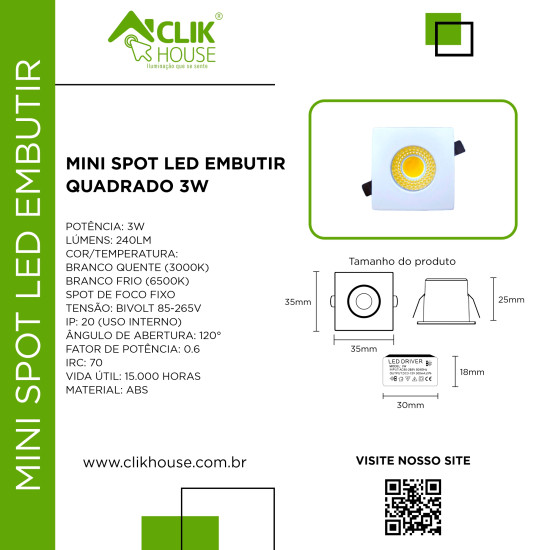MINI SPOT LED EMBUTIR QUADRADO 3W BRANCO QUENTE 3000K MINI SPOT LED EMBUTIR QUADRADO 3W BRANCO QUENTE 3000K