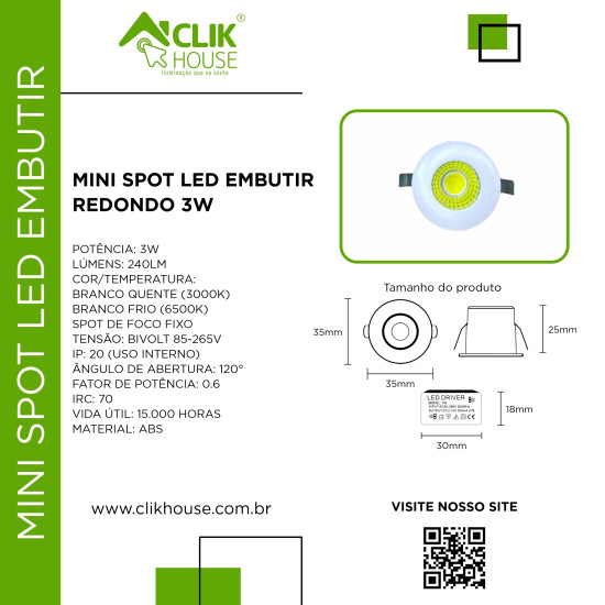 MINI SPOT LED EMBUTIR REDONDO 3W BRANCO QUENTE 3000K MINI SPOT LED EMBUTIR REDONDO 3W BRANCO QUENTE 3000K