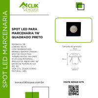 MINI SPOT MARCENARIA QUADRADO PRETO 1W BRANCO QUENTE 3000K MINI SPOT MARCENARIA QUADRADO PRETO 1W BRANCO QUENTE 3000K