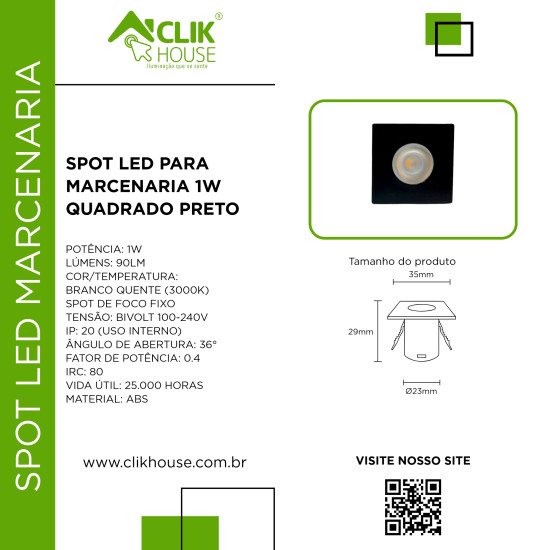 MINI SPOT MARCENARIA QUADRADO PRETO 1W BRANCO QUENTE 3000K MINI SPOT MARCENARIA QUADRADO PRETO 1W BRANCO QUENTE 3000K