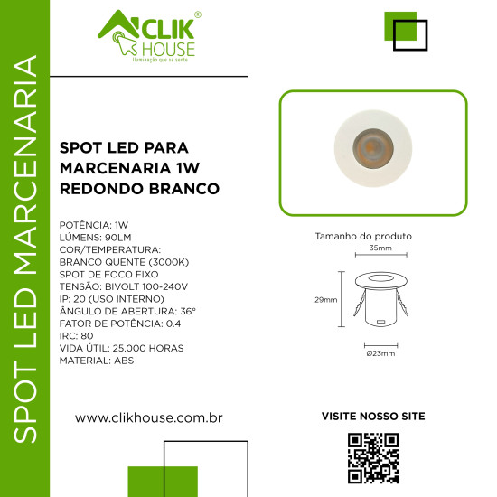MINI SPOT REDONDO MARCENARIA BRANCO 1W BRANCO QUENTE 3000K MINI SPOT REDONDO MARCENARIA BRANCO 1W BRANCO QUENTE 3000K