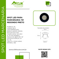 MINI SPOT REDONDO MARCENARIA PRETO 1W BRANCO QUENTE 3000K MINI SPOT REDONDO MARCENARIA PRETO 1W BRANCO QUENTE 3000K