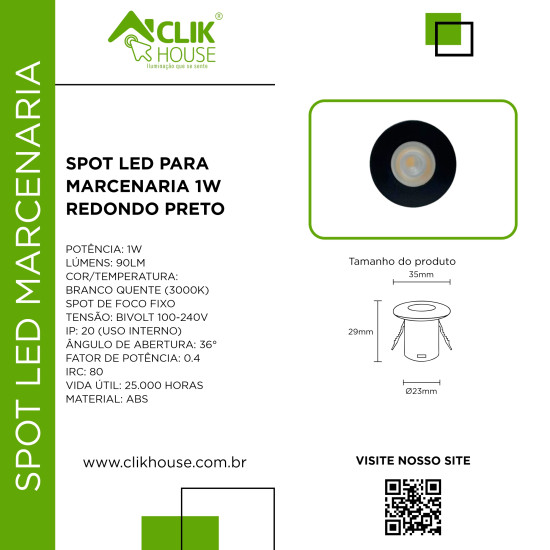 MINI SPOT REDONDO MARCENARIA PRETO 1W BRANCO QUENTE 3000K MINI SPOT REDONDO MARCENARIA PRETO 1W BRANCO QUENTE 3000K