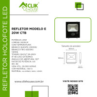REFLETOR HOLOFOTE LED CTB MODELO E 20W BRANCO QUENTE 3000K REFLETOR HOLOFOTE LED CTB MODELO E 20W BRANCO QUENTE 3000K