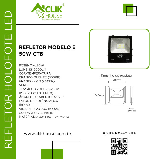 REFLETOR HOLOFOTE LED CTB MODELO E 50W BRANCO QUENTE 3000K REFLETOR HOLOFOTE LED CTB MODELO E 50W BRANCO QUENTE 3000K