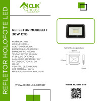 REFLETOR HOLOFOTE LED CTB MODELO F 30W BRANCO FRIO 6500K REFLETOR HOLOFOTE LED CTB MODELO F 30W BRANCO FRIO 6500K