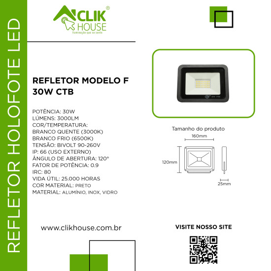 REFLETOR HOLOFOTE LED CTB MODELO F 30W BRANCO FRIO 6500K REFLETOR HOLOFOTE LED CTB MODELO F 30W BRANCO FRIO 6500K