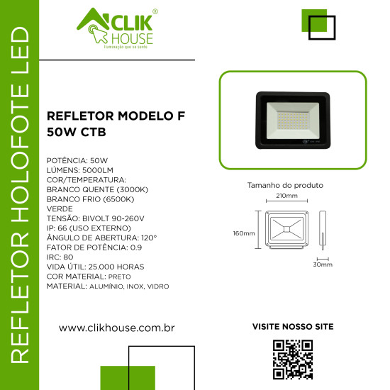 REFLETOR HOLOFOTE LED CTB MODELO F 50W BRANCO QUENTE 3000K REFLETOR HOLOFOTE LED CTB MODELO F 50W BRANCO QUENTE 3000K
