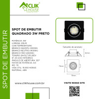 SPOT LED PRETO QUADRADO EMBUTIR 3W BRANCO FRIO 6500K SPOT LED PRETO QUADRADO EMBUTIR 3W BRANCO FRIO 6500K