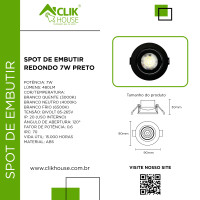 SPOT LED PRETO REDONDO EMBUTIR 7W BRANCO FRIO 6500K SPOT LED PRETO REDONDO EMBUTIR 7W BRANCO FRIO 6500K